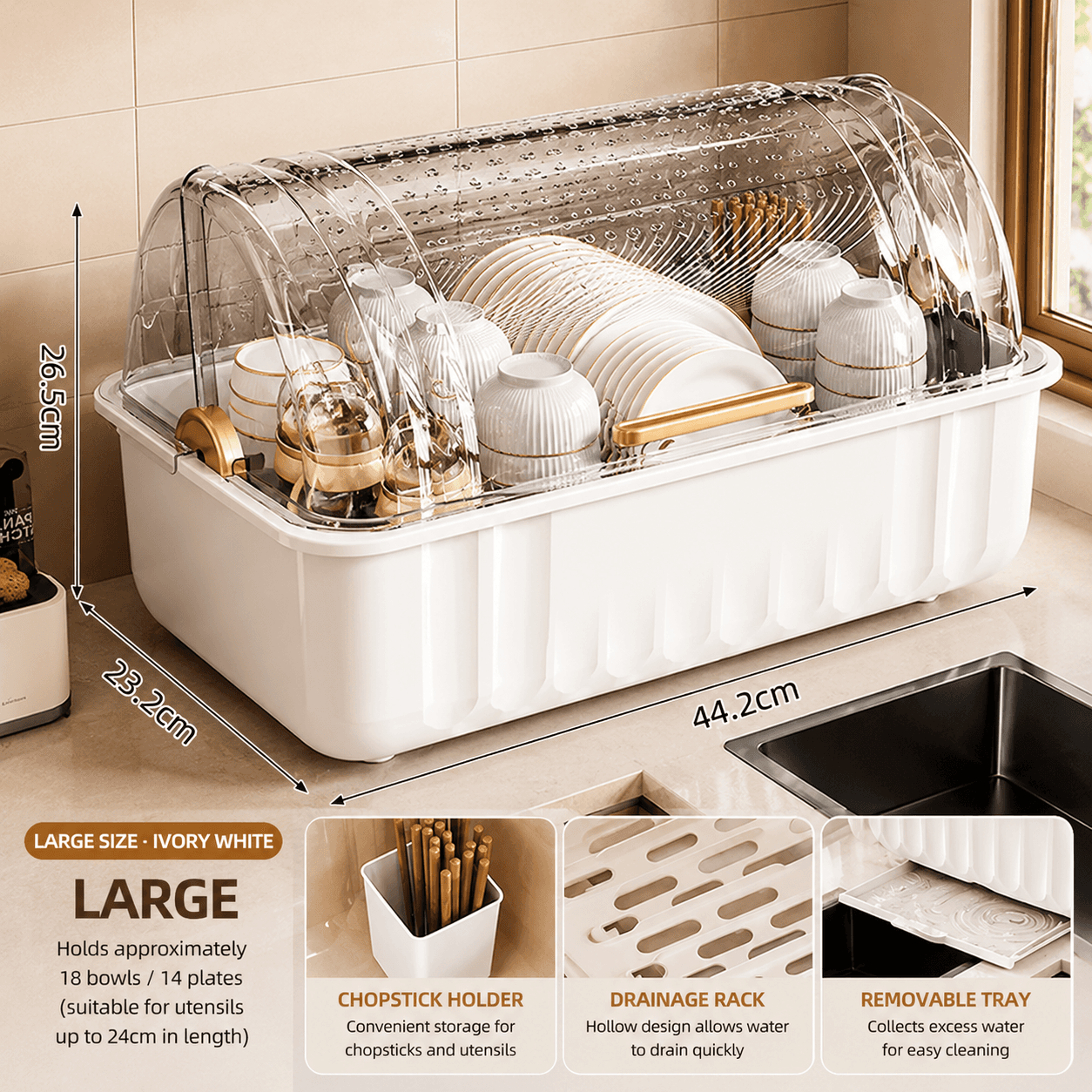 Large Covered Dish Rack & Kitchen Storage Organizer – White